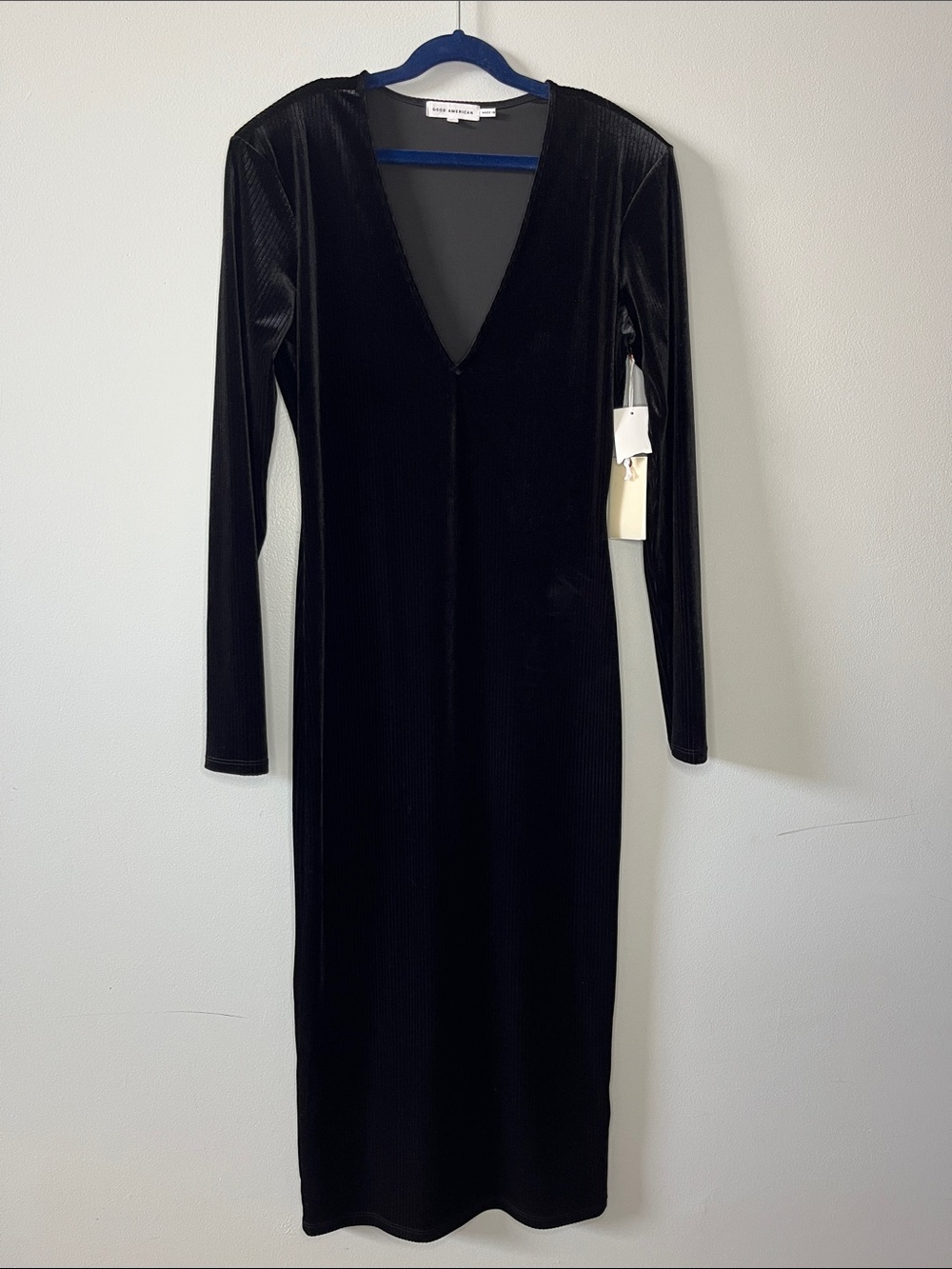 Good American Velvet Deep V Neck Midi Dress Winter Longsleeve Little Black Dress